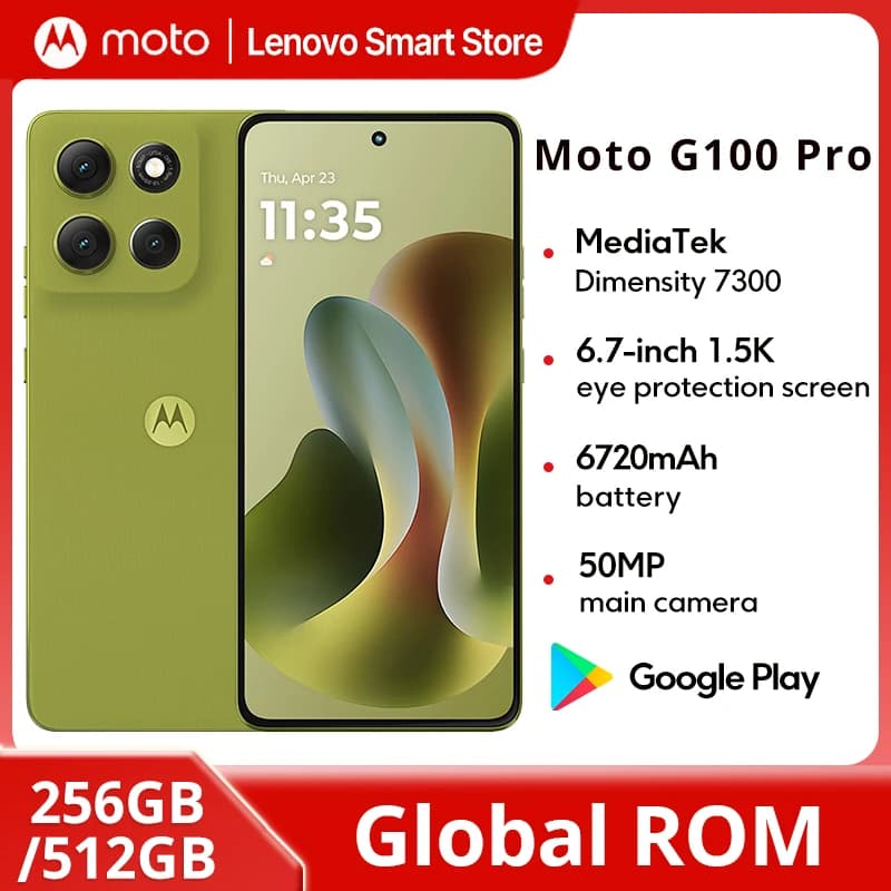 هاتف Motorola Moto G100 Pro الذكي بشريحة Dimensity 7300 وذاكرة عالمية 6.7 بوصة وشاشة pOLED بدقة 1.5K ومعدل تحديث 120 هرتز وكاميرا 50 ميجابكسل بتقنية الذكاء الاصطناعي وبطارية 6720 مللي أمبير في الساعة