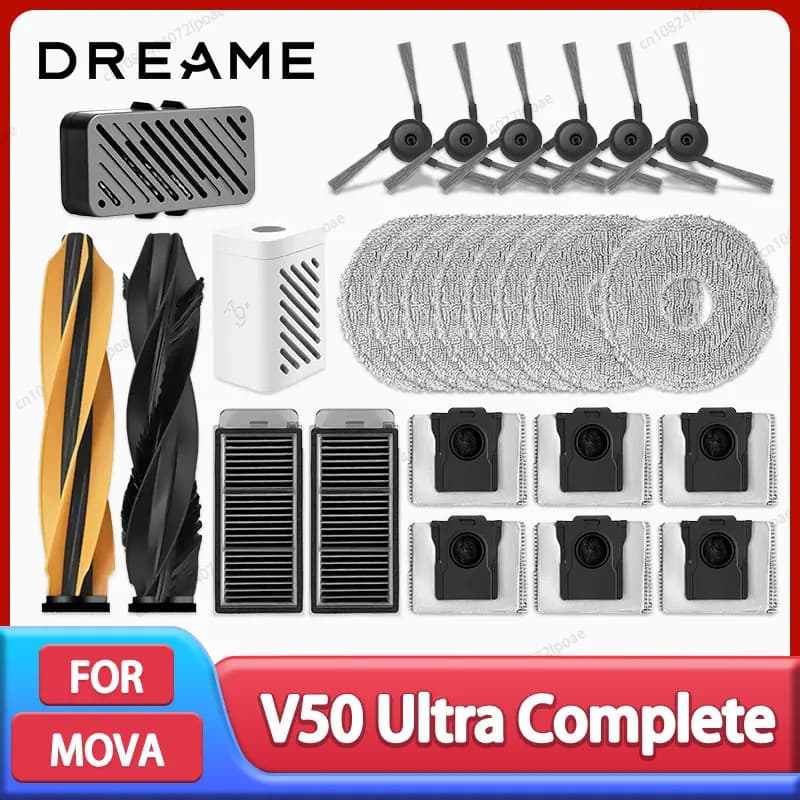 إكسسوارات استبدال كاملة لمكنسة روبوت Dreame MOVA V50 Ultra تشمل فرشاة جانبية رئيسية وقماش ممسحة وفلتر Hepa وكيس غبار
