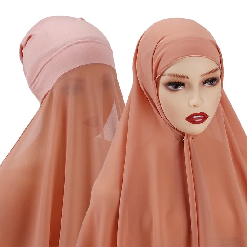 بونيه نسائي إسلامي + شال شيفون، غطاء رأس داخلي سريع، عصابة رأس حجاب مطاطية، غطاء رأس توربان - 3