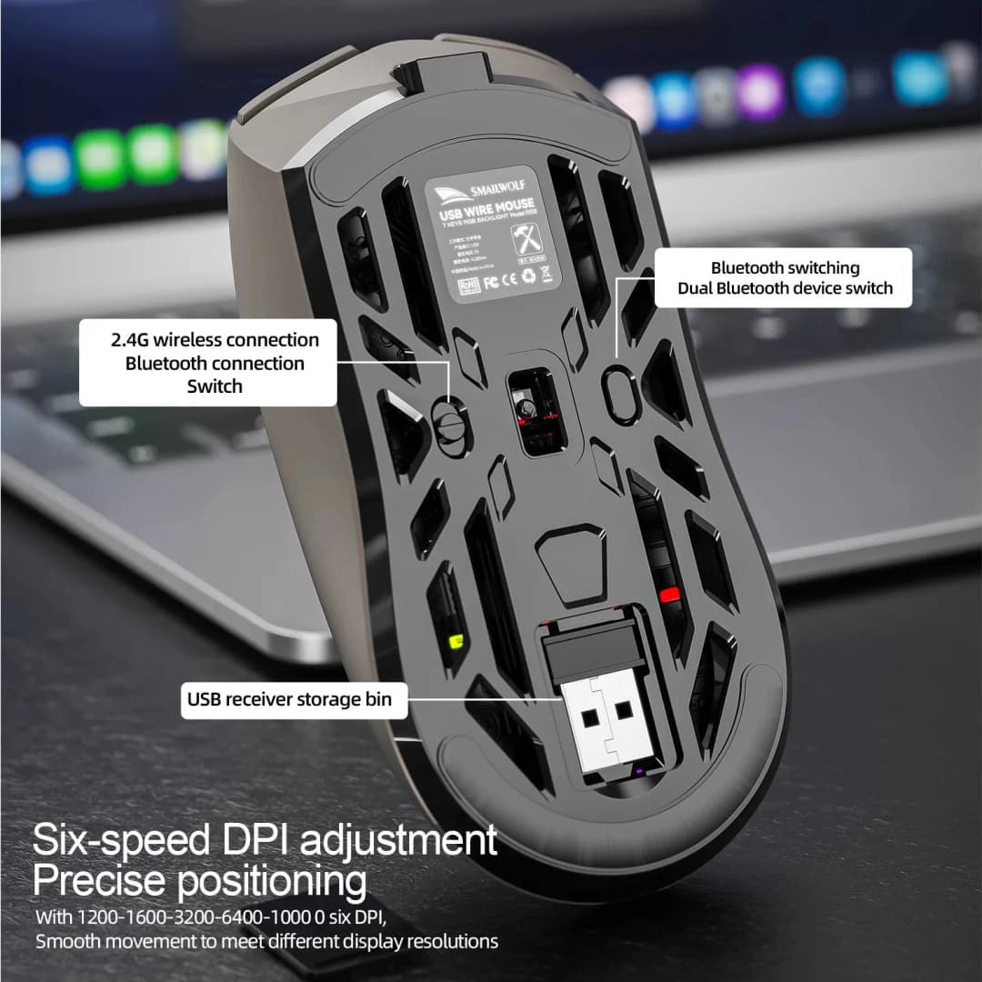 ماوس ألعاب لاسلكي SMILWOLF RS8 بثلاثة أوضاع، بلوتوث 5.1، 2.4G سلكي، 24000 DPI، 6 أزرار، 70 جرام، 1000Hz، إضاءة RGB للاعبي الكمبيوتر - 4