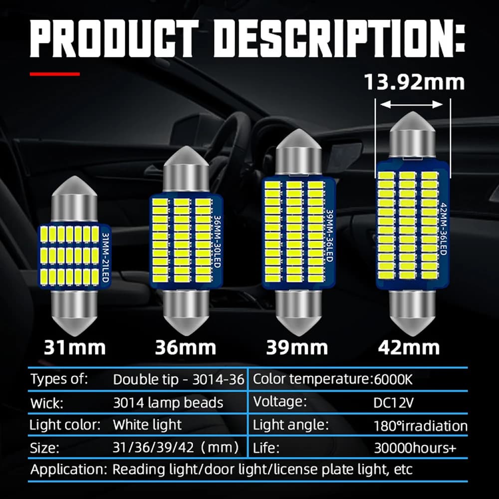 مصابيح LED للسيارة مقاس 31MM 36MM 39MM 41MM C5w C10W، إضاءة قبة Festoon، لوحة ترخيص، مصابيح باب وصندوق السيارة، أبيض DC 12V - 2