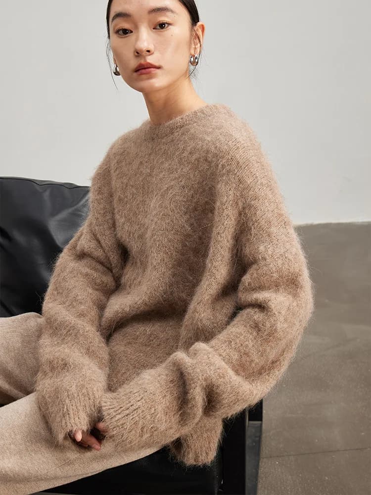 SuyaDream Warm Alpaca Pullovers for Woman, Dropped Sleeved Loose Sweaters, 2025 Fall Winter Top, Camel, Beige - 2