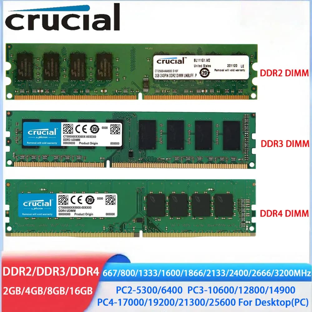 ذاكرة رام للكمبيوتر المكتبي من كروشيال، DDR4 و DDR3 و DDR2، بسعات 2 جيجابايت و 4 جيجابايت و 8 جيجابايت و 16 جيجابايت و 32 جيجابايت، بترددات 3200 ميجاهرتز و 2666 و 2133 و 2400 و 1866 و 1600 و 1333 و 667 و 800 ميجاهرتز، نوع DIMM