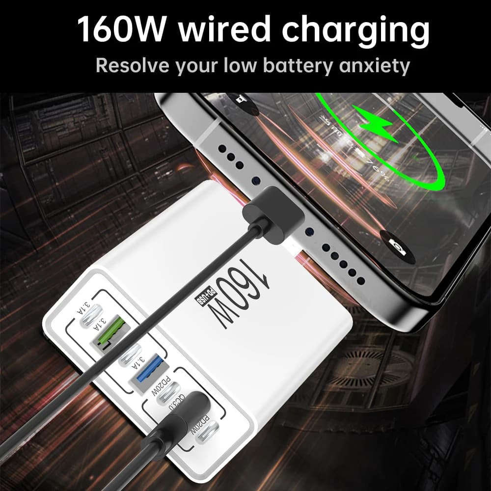 شاحن USB 160W 7 منافذ محطة شحن سريع متعددة الأجهزة PD QC3.0 كابل مدمج لهواتف آيفون سامسونج شاومي آيباد قابس EU US - 4