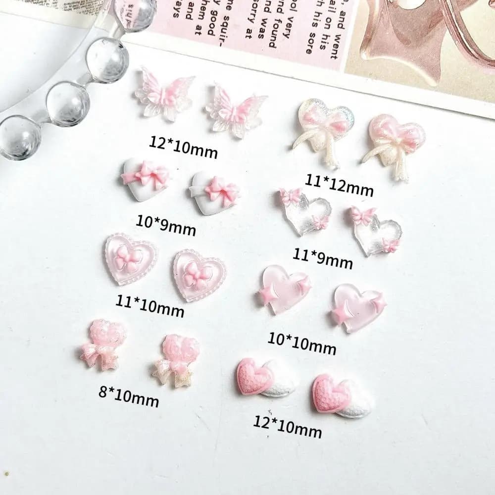 New Pink Series Bow Heart Resin Nail Charms 3D Luminous Double Butterfly Peach Heart Sweet Wind Nail Art Decorations DIY Nails - 3