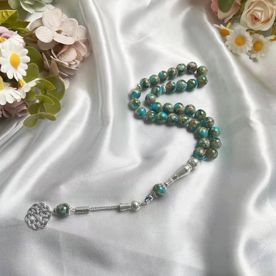 Green Veined Stone Islamic Prayer Beads Tesbih, Silver Celtic Knot Arabic Muslim Worship Rosary, Middle Eastern Jewelry Gift - 2