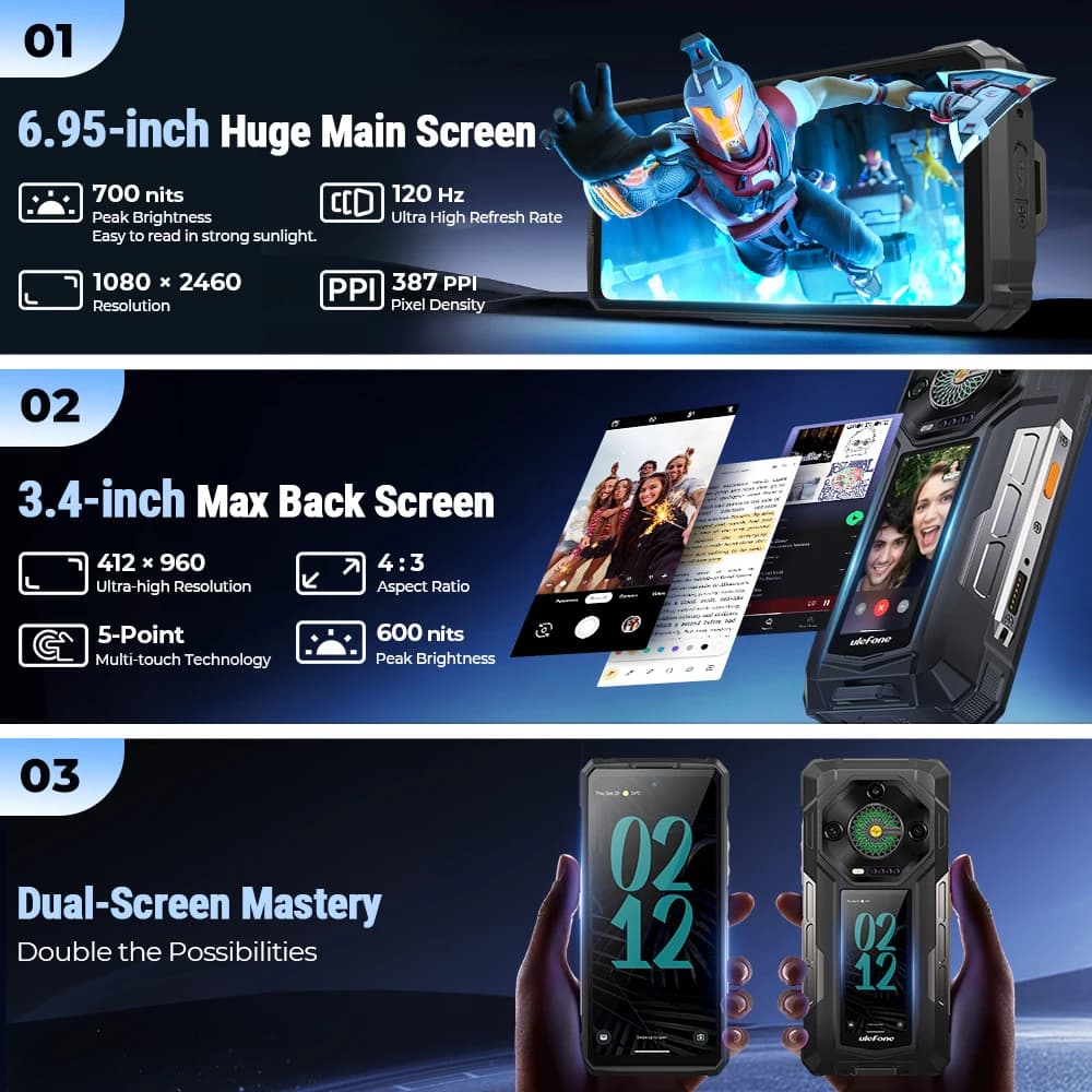 【عرض عالمي】 هاتف Ulefone Armor 33 Pro 5G متين ببطارية 25500 مللي أمبير وسعة تخزين 512 جيجابايت وشاشة 120 هرتز و6.59 بوصة وشاشة خلفية 3.4 بوصة وNFC بنظام أندرويد - 2