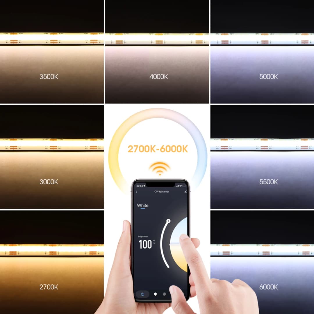 مفتاح Tuya الذكي بتقنية WiFi، شريط إضاءة LED COB CCT، 3M/5M، محول طاقة 24V، قابس EU/US، مصباح قابل للتعتيم، شريط LED للزينة - 4