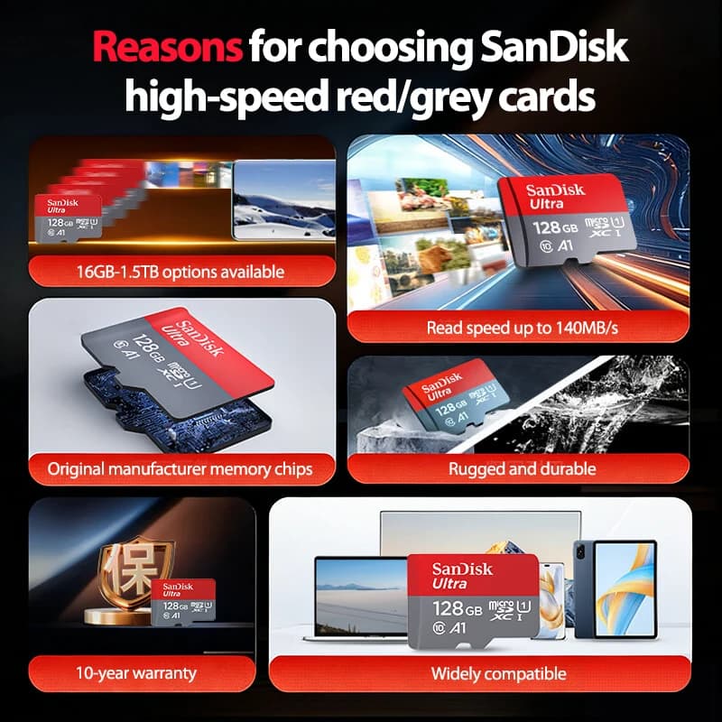 بطاقة ذاكرة SanDisk Micro SD بسعة 32 جيجابايت و64 جيجابايت و128 جيجابايت و256 جيجابايت و512 جيجابايت C10 A1 بسرعة عالية لبطاقة ذاكرة Microsd لهاتف الكاميرا - 3