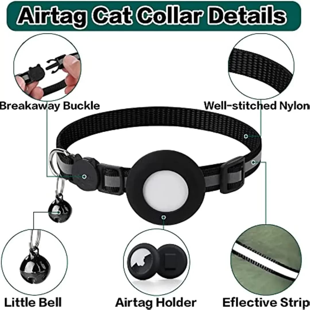 1 قطعة طوق قطة Airtag قابل للفصل، طوق قطة عاكس مع حامل Apple Air Tag وجرس للقطط الإناث والذكور، 0.4 بوصة - 6