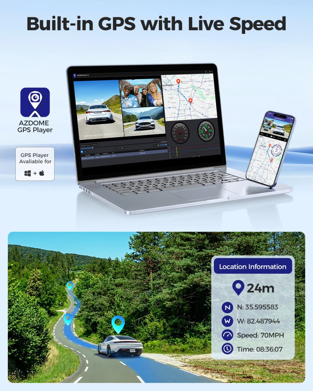 كاميرا سيارة AZDOME M550 برو 5.8 جيجاهرتز واي فاي 3 قنوات مدمجة GPS كاميرا سيارة بدقة 4K مستشعر G رؤية ليلية وضع انتظار 24 ساعة - 3