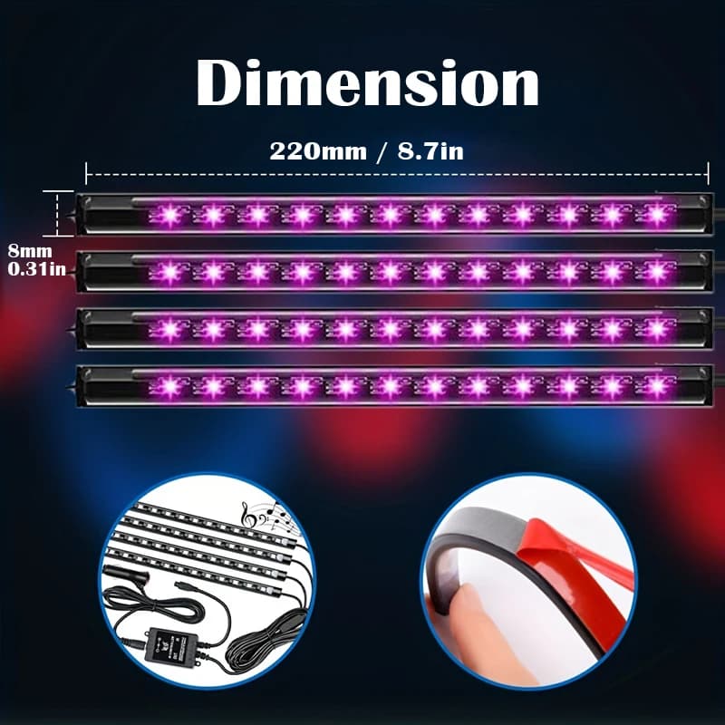 شريط إضاءة LED للسيارة مع 48 LED USB وتحكم عبر تطبيق بلوتوث مقاوم للماء متعدد الألوان RGB لإضاءة جو داخلي للسيارة - 3