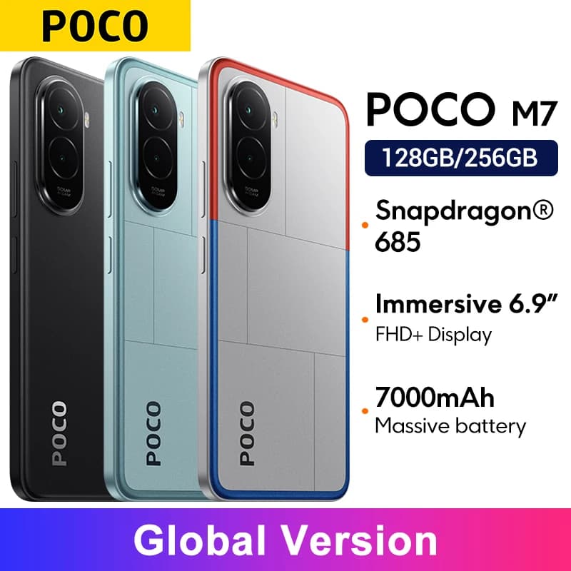 POCO M7 نسخة عالمية معالج Snapdragon 685 بطارية 7000mAh شاشة غامرة 6.9 بوصة 144Hz FHD+ NFC شحن 33W