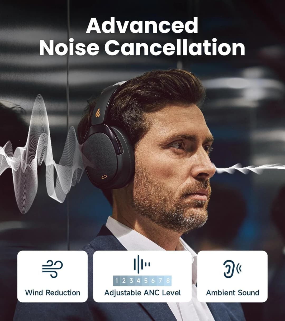 سماعات الرأس اللاسلكية Edifier WH950NB مع إلغاء الضوضاء النشط، بلوتوث 5.4، صوت عالي الدقة، تشغيل حتى 80 ساعة، 4 ميكروفونات - 2
