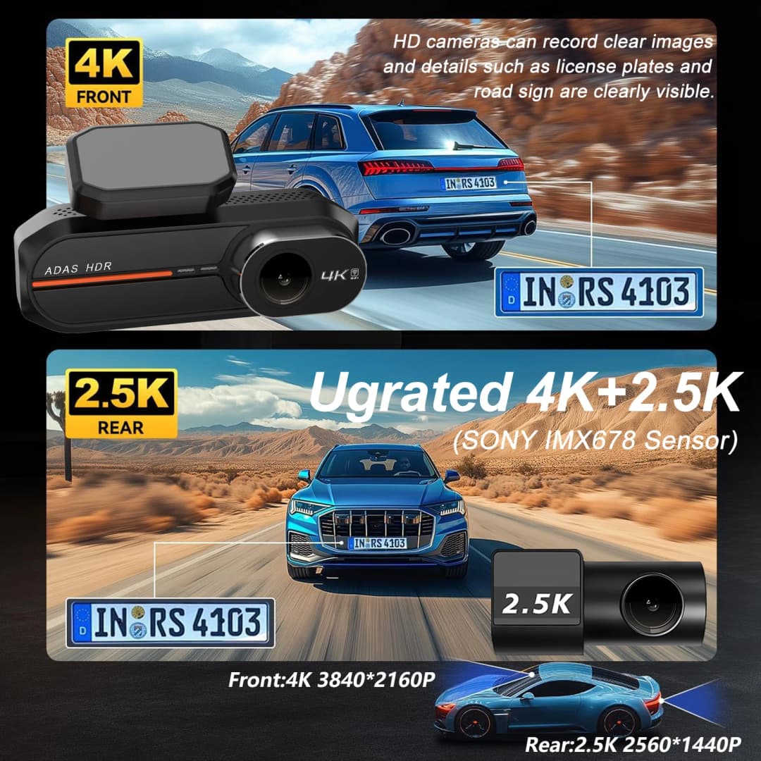 كاميرا سيارة بدقة 4K 3840*2160P مع واي فاي وجي بي إس ونظام ADAS، كاميرا أمامية بدقة 4K وخلفية بدقة 2.5K، مسجل فيديو DVR، رؤية ليلية 24 ساعة، لجهاز الصندوق الأسود للسيارة - 4