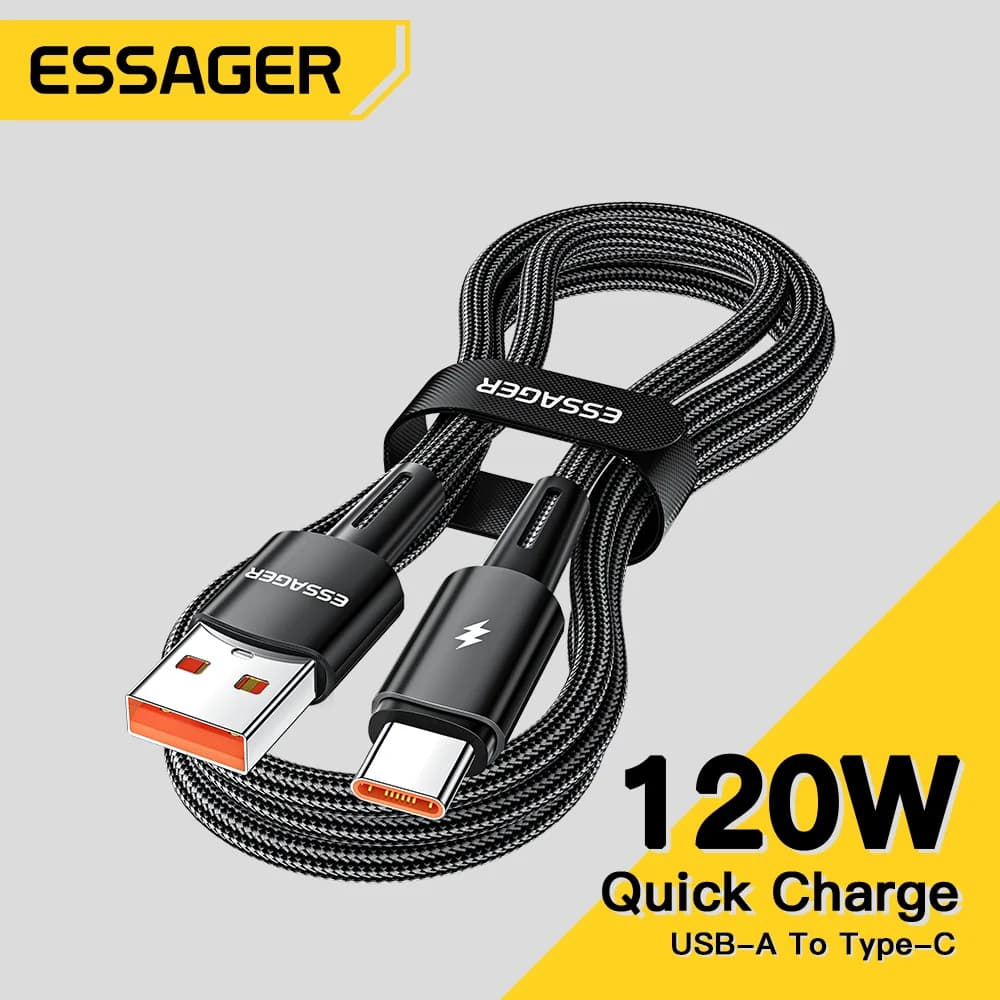 كابل إيساجر بطول 2 متر بقوة 120 واط من نوع USB A إلى Type C للشحن السريع 6A لهواتف شاومي 12 برو ريدمي K50 نوت 11 برو ولهاتف آيفون 16 برو ماكس 15
