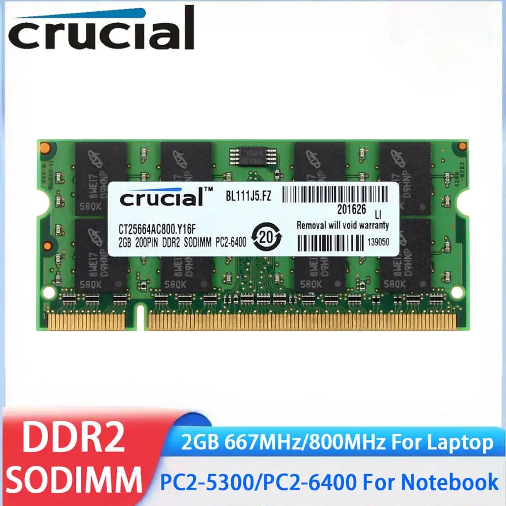 ذاكرة رام لابتوب كروشيال DDR2 2 جيجابايت 4 جيجابايت (2x2 جيجابايت) 667 ميجاهرتز 800 ميجاهرتز SODIMM PC2-5300 PC2-6400 غير ECC غير مخزنة للكمبيوتر المحمول