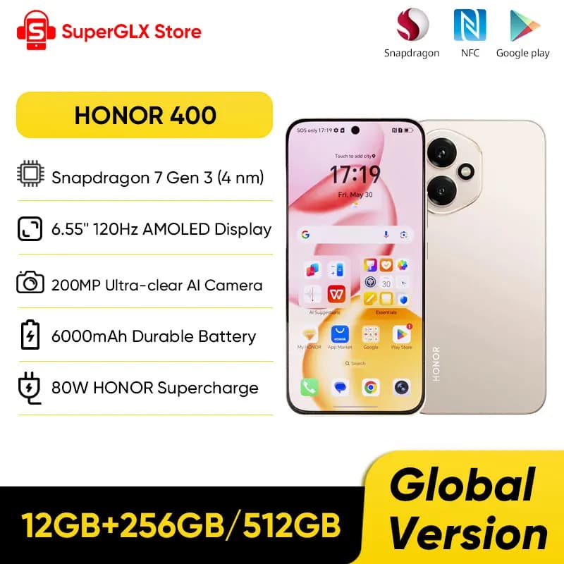 هونور 400 الأصلي الإصدار العالمي هاتف ذكي 5G بشاشة 6.55 بوصة 120 هرتز AMOLED ومعالج Snapdragon 7 Gen 3 وكاميرا 200 ميجابكسل وبطارية 6000 مللي أمبير وشحن فائق السرعة 80 واط وNFC