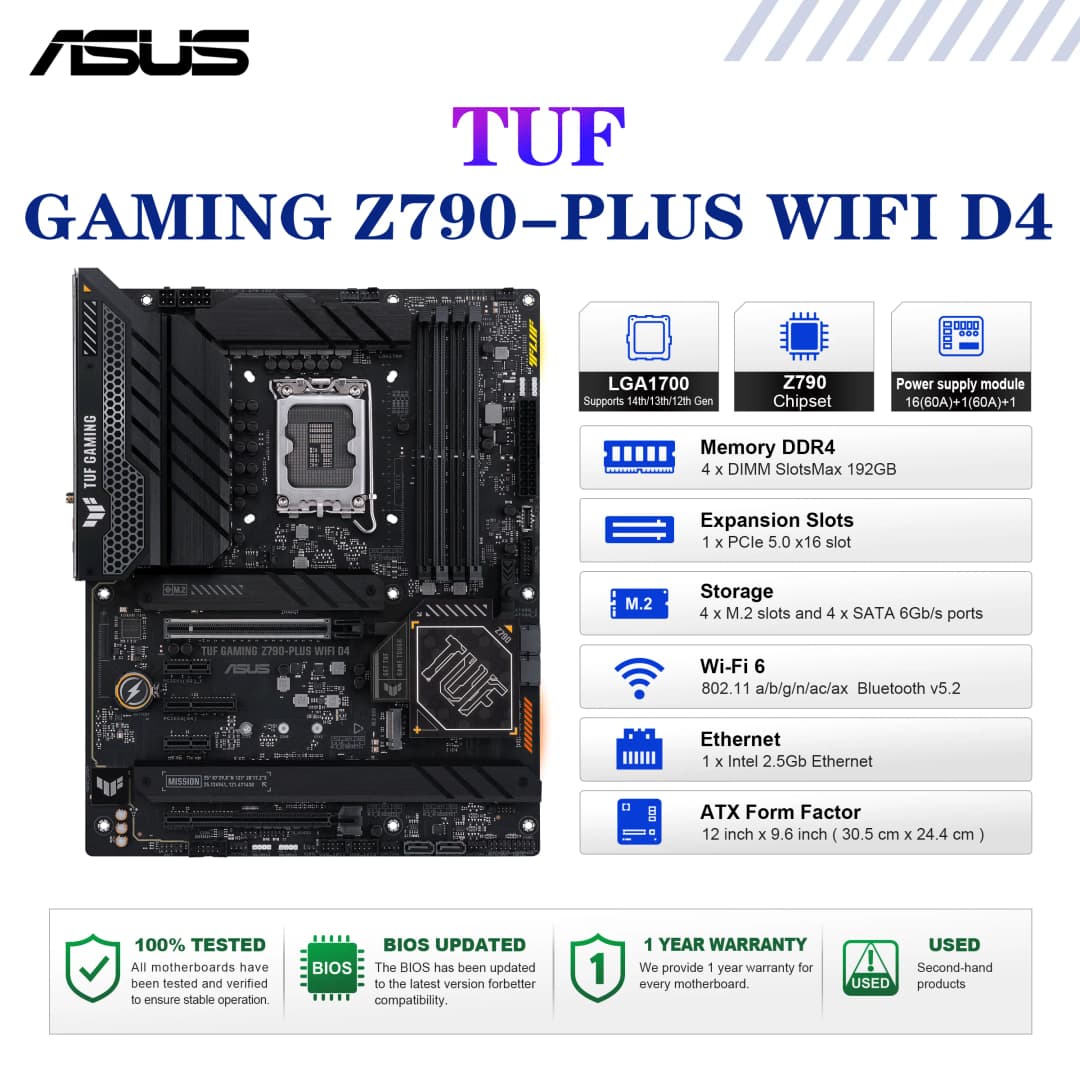 لوحة أم ASUS TUF GAMING Z790-PLUS WIFI D4 بمقبس LGA1700، معالج DDR4 بسرعة 5333 ميجاهرتز (OC)، شريحة Z790، لوحة رئيسية ATX