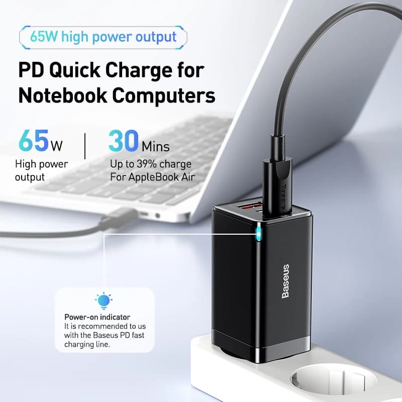 شاحن Baseus 65W GaN شحن سريع Type C PD QC شاحن USB شاحن سريع محمول لجهاز الكمبيوتر المحمول iPhone 17 16 15 14 13 Pro - 2