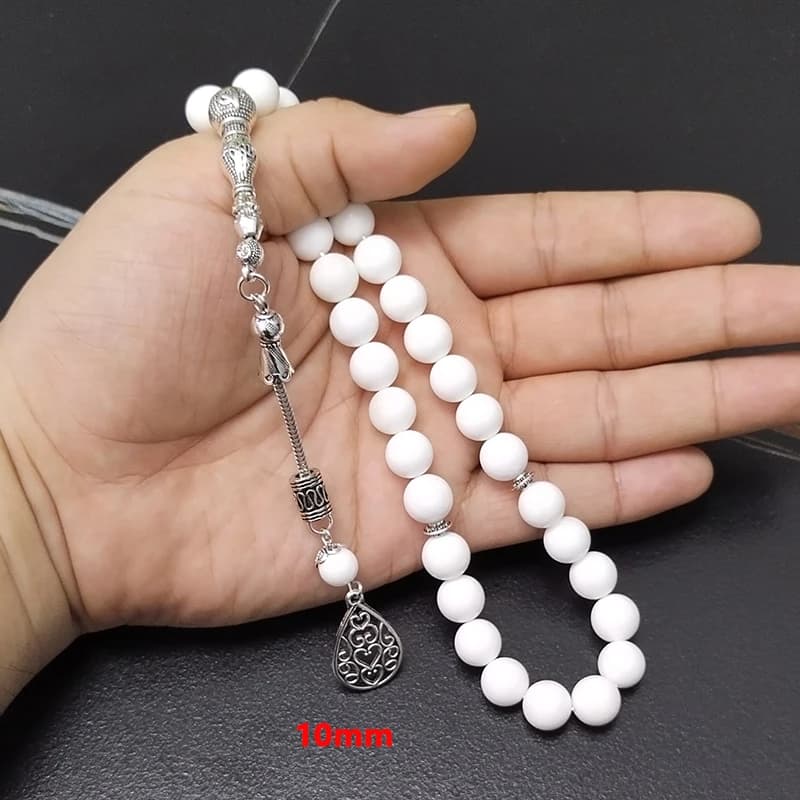 سبحة طبيعية من الصدف الأبيض 5A - أساور هدية في رمضان - إكسسوارات مجوهرات عربية - مسبحة للمسلمين - حبات صلاة - 5