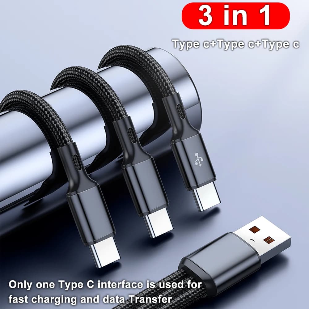 كابل شحن سريع متعدد المنافذ 3 في 1 USB-A إلى 3 × كابل شحن سريع من النوع C 100 وات 6A لهاتف Samsung Galacy S24 Xiaomi Redmi Huawei USB C كابل شحن - 5