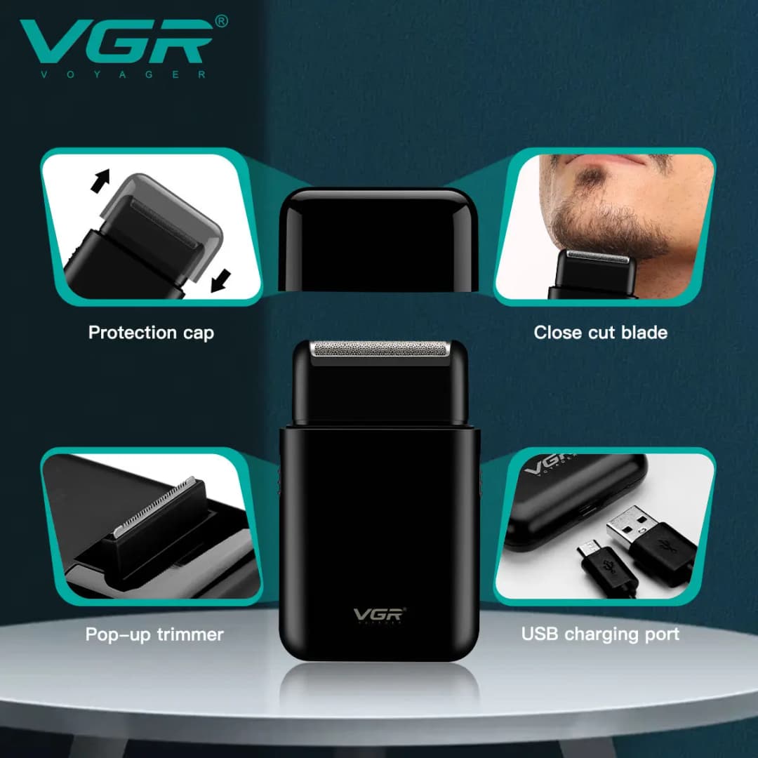 VGR V-390 ماكينة حلاقة صغيرة بشفرة واحدة لاسلكية لتشذيب اللحية قابلة لإعادة الشحن ماكينة حلاقة كهربائية للوجه والجسم للرجال - 3