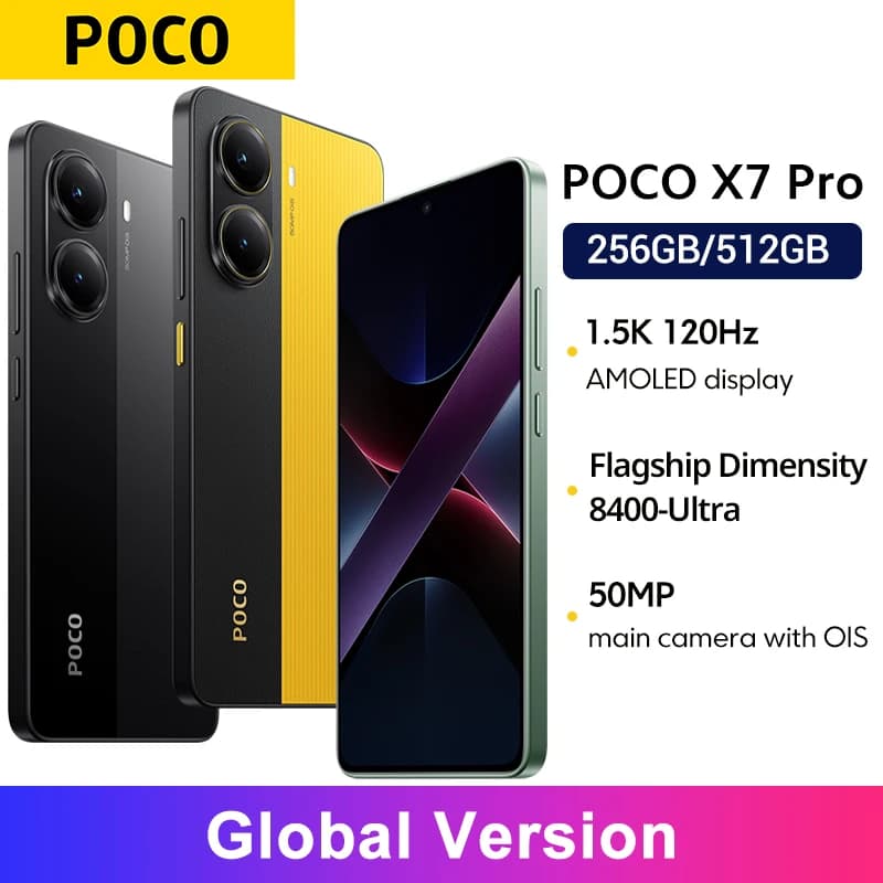 هاتف POCO X7 برو نسخة عالمية بطارية 6000 مللي أمبير شحن سريع 90 واط NFC شاشة 6.67 بوصة 1.5K بمعدل تحديث 120 هرتز AMOLED مع معالج Dimensity 8400-Ultra