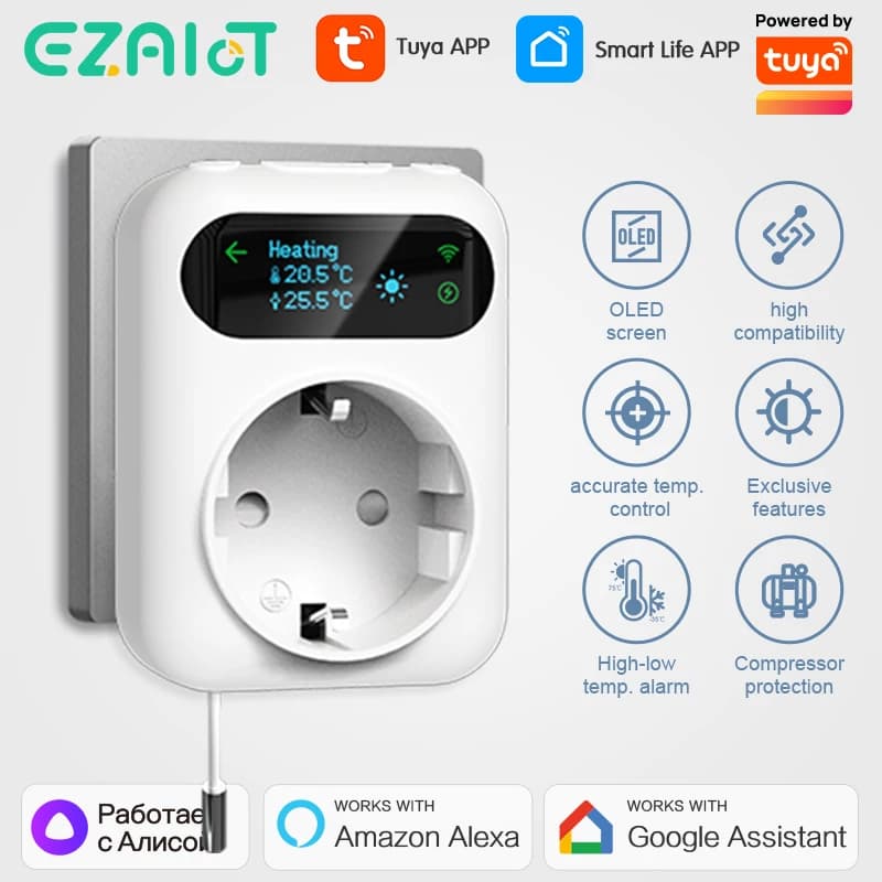مقبس ذكي WiFi ترموستات سخان مروحة قابس حاضنة Tuya جهاز تحكم لاسلكي في درجة الحرارة للتدفئة والتبريد يعمل مع Alexa وGoogle Home