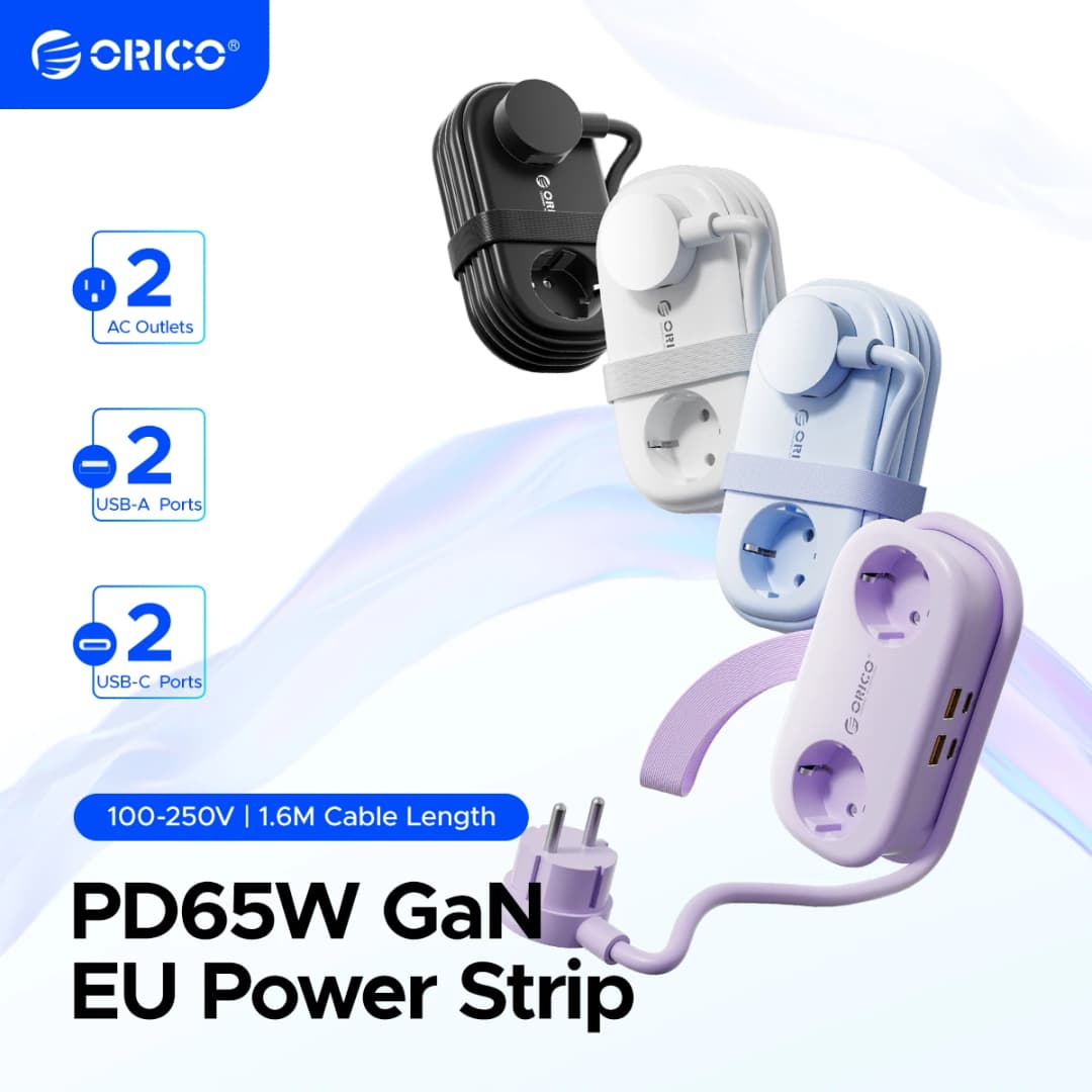 شاحن أوريكو قابل للطي محمول، محطة شحن سريعة 65 واط GaN، مع 2 منافذ AC، 2 USB، 2 Type-C، محول قابس EU للمنزل