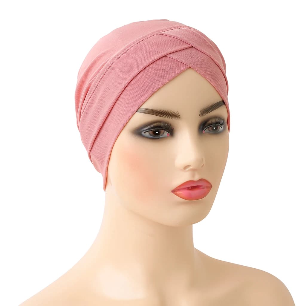 توربان مسلم بتصميم متقاطع على الجبهة، حجاب داخلي مرن بلون نقي، وشاح رأس جاهز للارتداء تحت البونيه للنساء