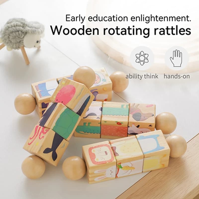 Baby Wooden Rotating Jigsaw Puzzle Hand bell Toy Baby Mobile Musical Rattle Toy Montessori Puzzle Game For Babies Newbaby Gift - 3
