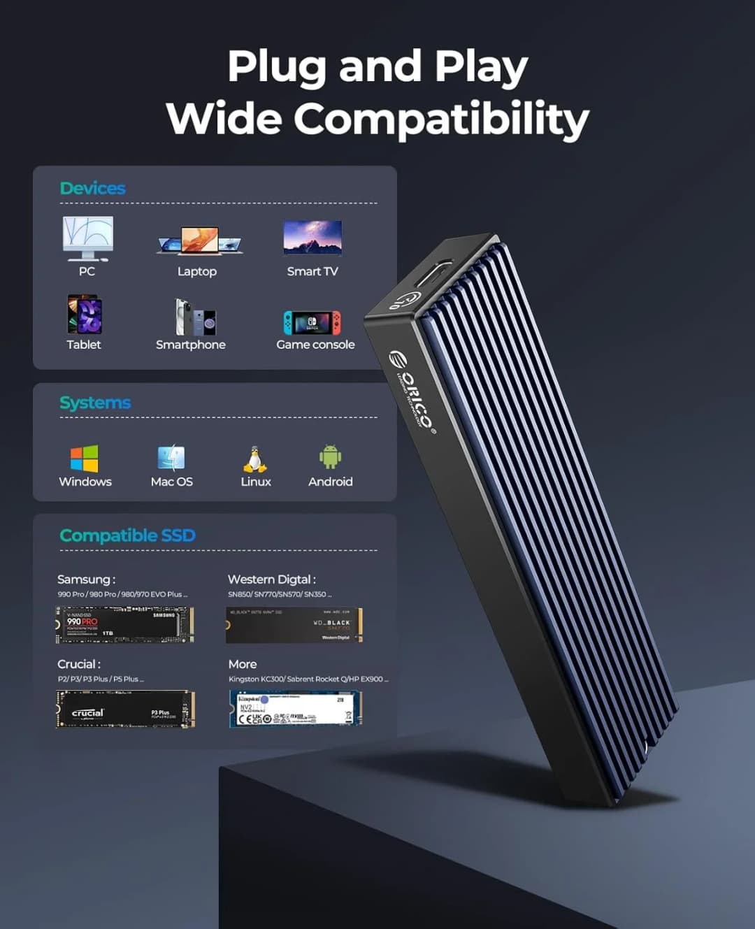 ORICO M.2 NVMe SSD Enclosure, USB 3.1 Gen 2 (10 Gbps) PCIe External Adapter NVMe Case for 2230/2242/2260/2280 M.2 SSD up to 8TB - 5