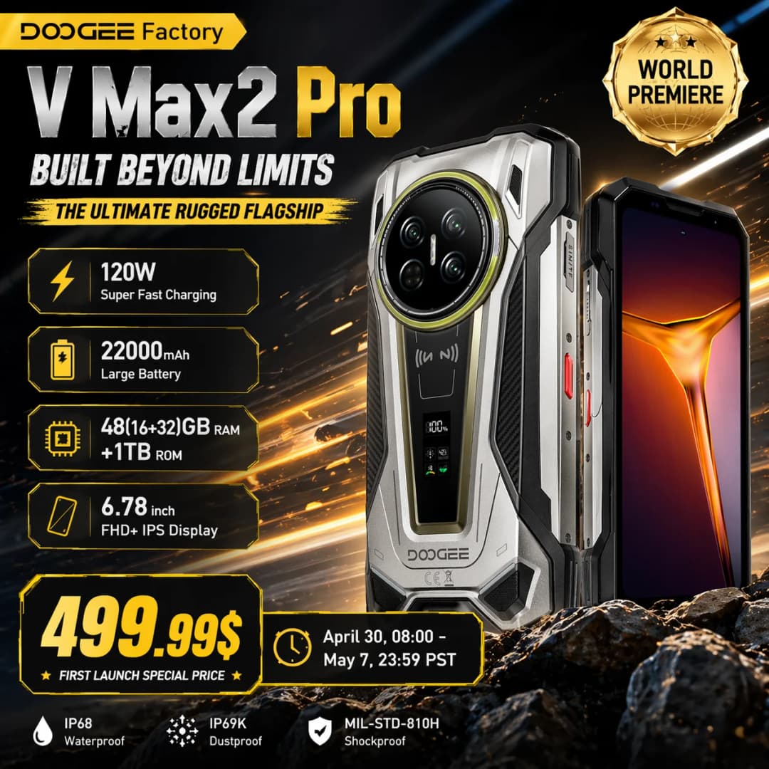 إصدار عالمي DOOGEE V Max 2 Pro 5G هاتف متين شاشة 6.78 بوصة FHD+ IPS بمعدل تحديث 120Hz سعة 48GB+1TB بطارية 22000mAh كاميرا 200MP شحن 120W أندرويد 16