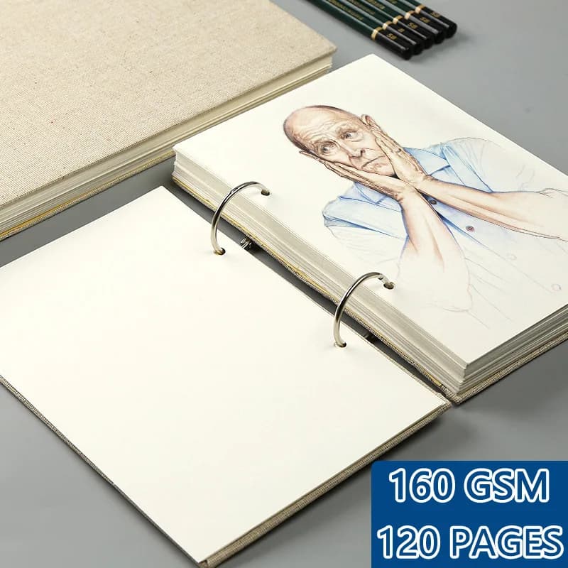 كتاب رسم سميك 32K، أوراق فضفاضة مرتبطة بحلقة 16K، غلاف كتان، كتاب رسم احترافي 160GSM، 60 ورقة، 120 صفحة
