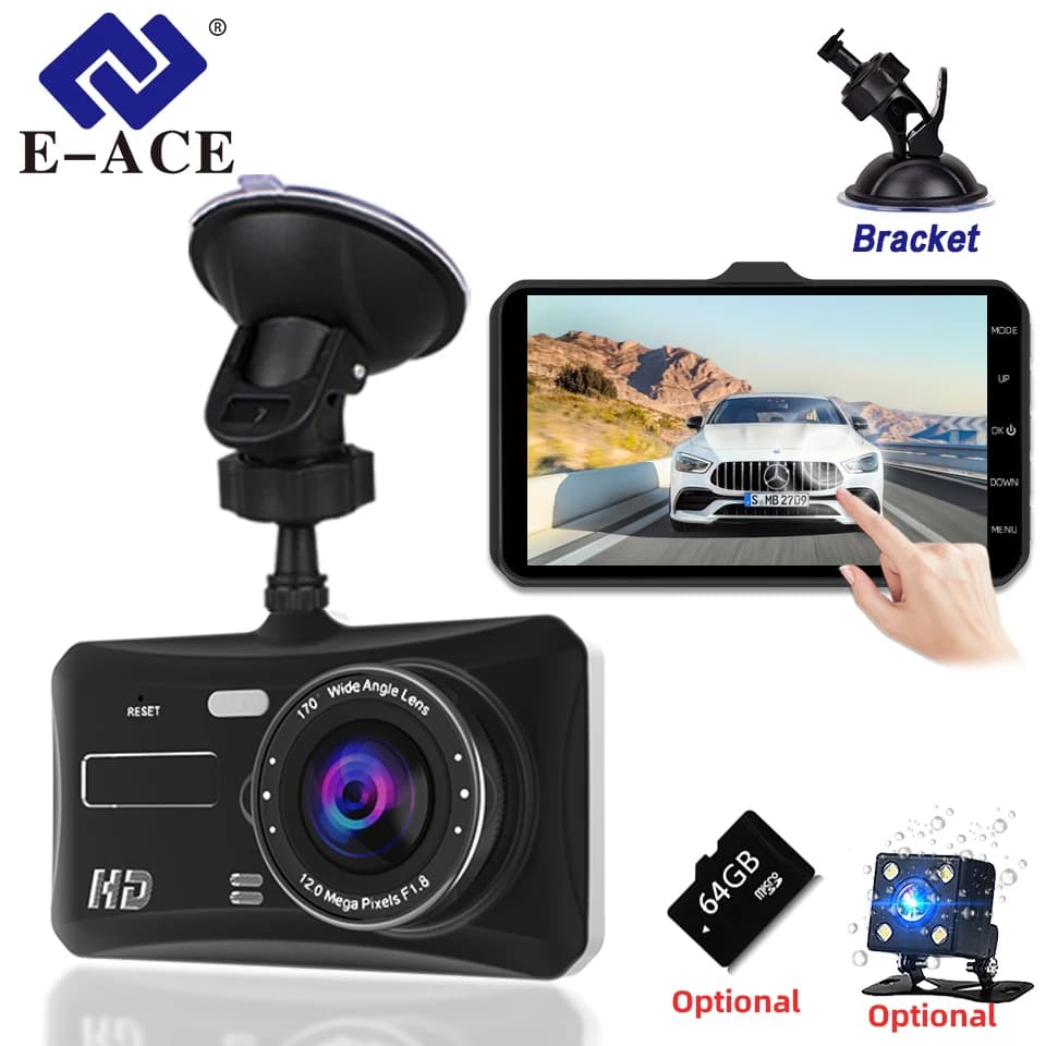 كاميرا سيارة E-ACE بشاشة لمس 4 بوصة LCD بدقة FHD 1080P مع خيار كاميرا خلفية وحساس G وHDR وتسجيل حلقي وكشف الحركة