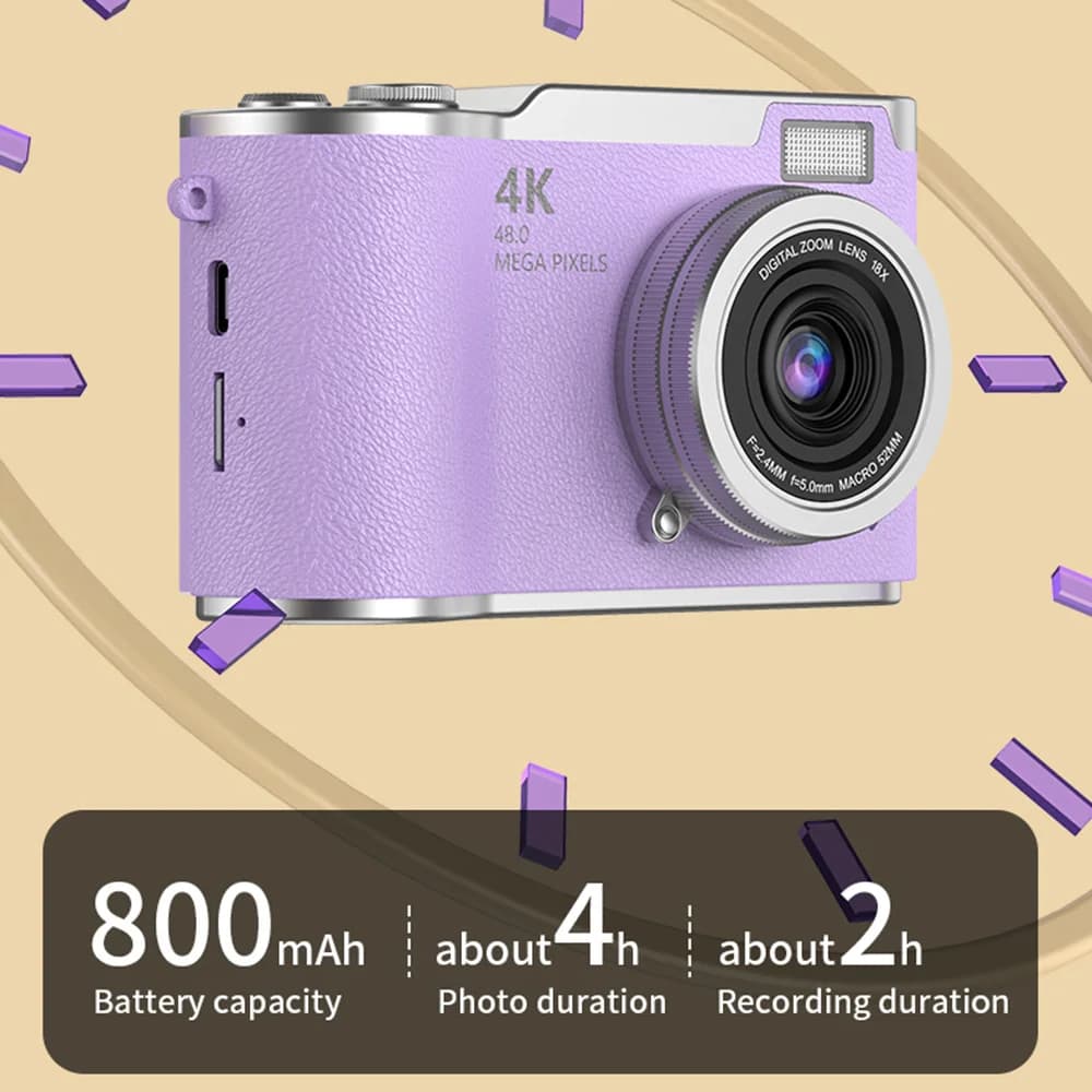 كاميرا رقمية 4K بدقة 48 ميجابكسل مع فلاتر تجميل، كاميرا CCD مضادة للاهتزاز بزاوية 180 درجة، كاميرا سيلفي بشاشة قابلة للطي للأطفال والكبار - 4