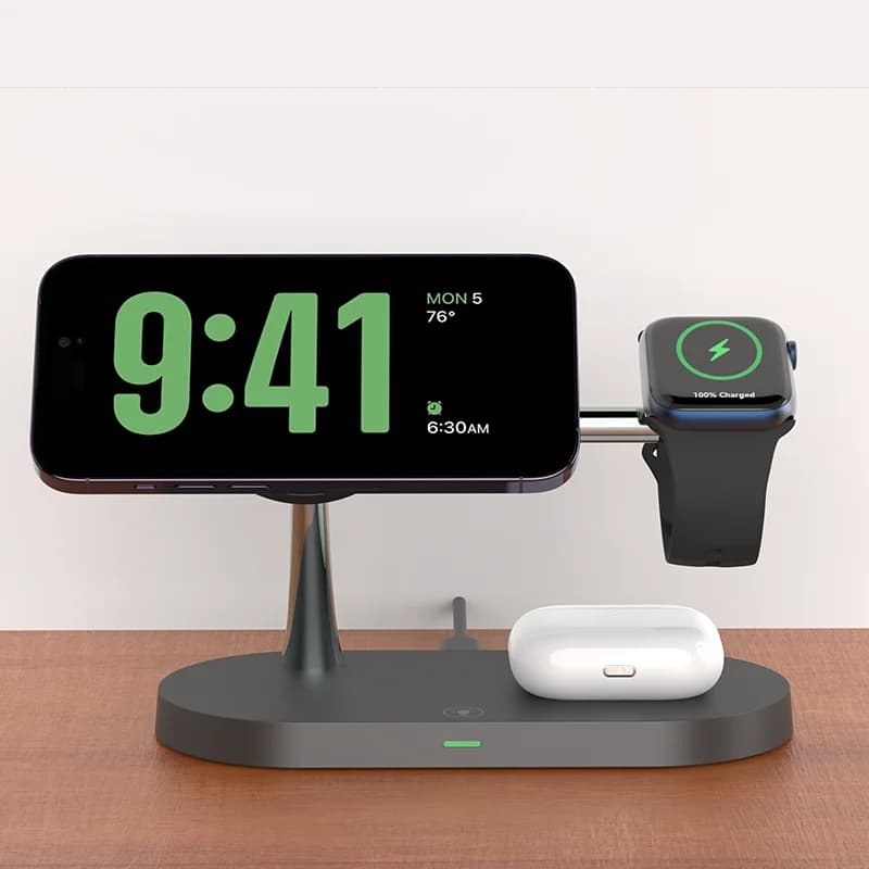 حامل شاحن لاسلكي 3 في 1 لهاتف iPhone 12/13/14/15/16/17 محطة شحن سريعة لساعة Apple 10 9 8 7 6 5 4 Airpods 2 3 Pro