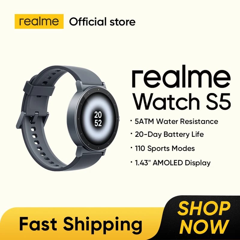 وصول جديد: ساعة realme Watch S5 الذكية بمقاومة الماء 5ATM، بطارية تدوم 20 يومًا، 110 وضع رياضي، شاشة AMOLED مقاس 1.43 بوصة