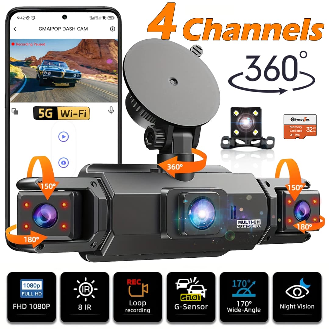 كاميرا سيارة 4 قنوات تسجيل فيديو 360 درجة واي فاي كاميرا تسجيل DVR 1080P أمامي يسار يمين خلفي صندوق أسود 24 ساعة قطع غيار سيارات