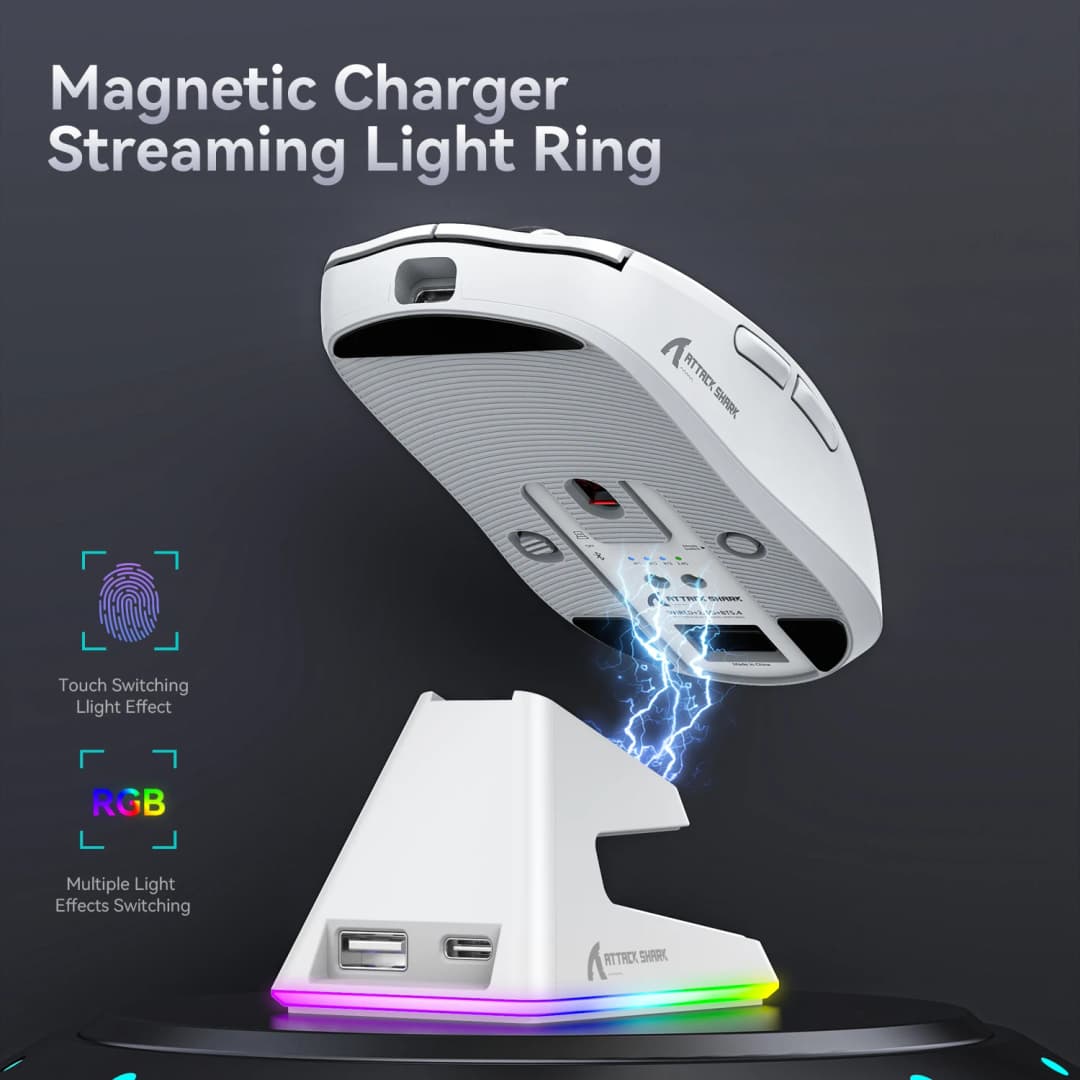 ماوس لاسلكي Attack Shark X6، قاعدة شحن مغناطيسية تعمل باللمس، إضاءة RGB، اتصال ثلاثي الوضع، ماوس ألعاب ماكرو PAW3395 - 6