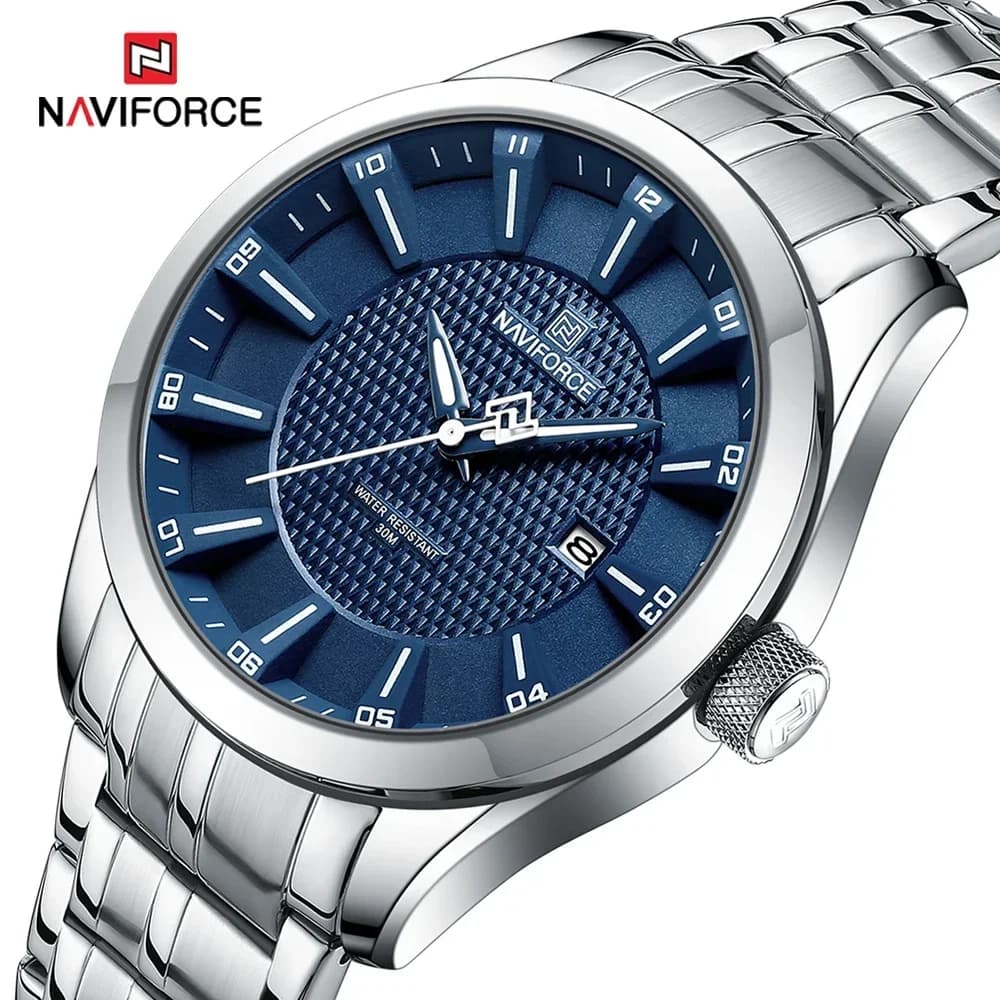 ساعة فاخرة للأعمال من ماركة NAVIFORCE ساعة يد رجالية مقاومة للماء بعقارب مضيئة كوارتز من الفولاذ المقاوم للصدأ