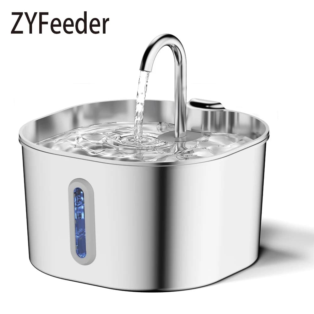 ZYFeeder 2.2 لتر نافورة مياه القطط الأوتوماتيكية مربعة من الفولاذ المقاوم للصدأ مغذية مياه الحيوانات الأليفة نافورة مياه الكلاب مع نافذة (بدون قابس 5V 1A)