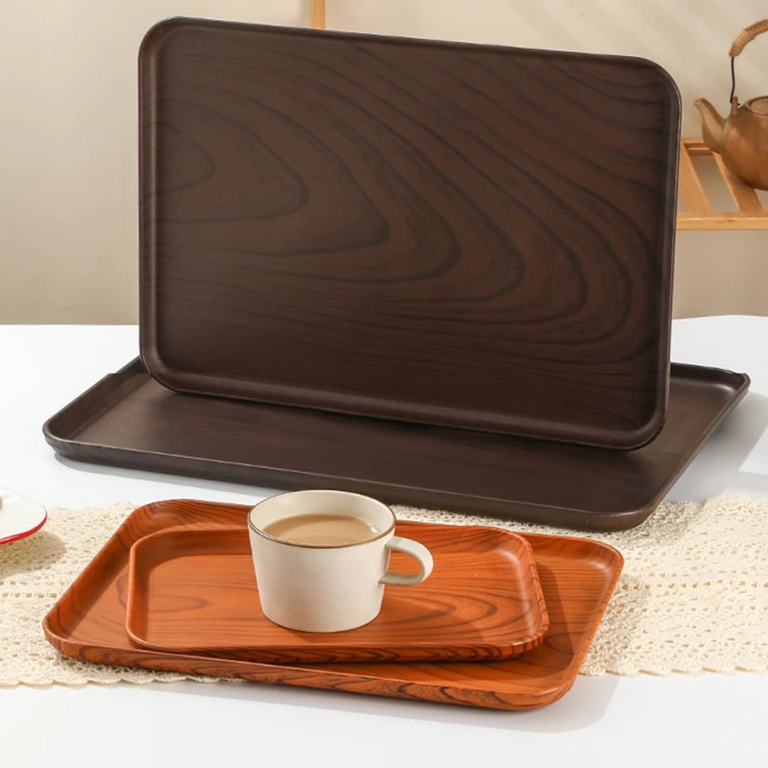 Wood Grain Plastic Food Serving Tray Stackable Dessert Fruit Tray Tea Tray Large Capacity Storage Tray Kitchen Stoage Organizer - 6