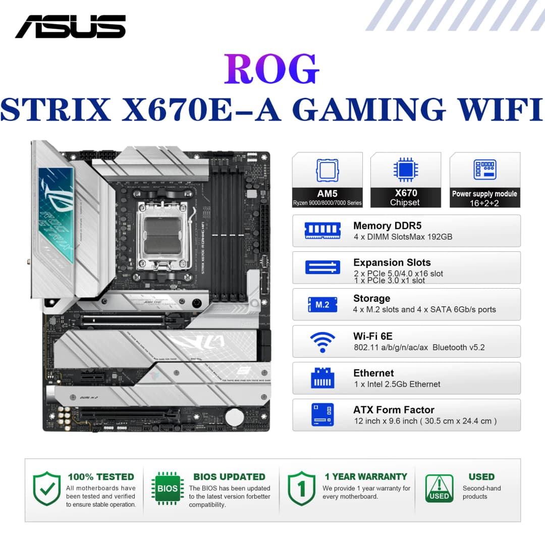 لوحة أم ASUS ROG STRIX X670E-A GAMING WIFI بمقبس AM5 ومعالج DDR5 بسرعة 8000+(OC) وشريحة X670 ولوحة رئيسية ATX