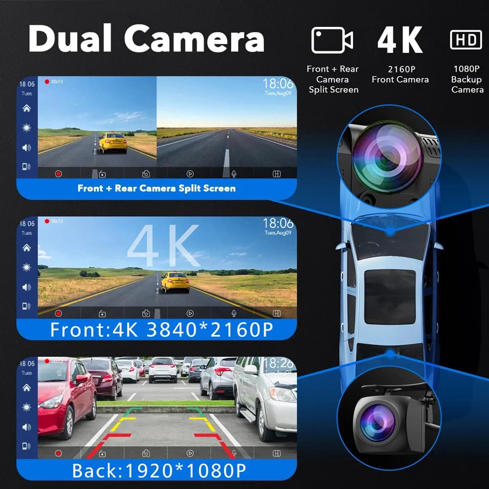 كاميرا لوحة قيادة 10.26 بوصة 4K 2160P كاربلاي أندرويد أوتو DVR سيارة 5G واي فاي GPS FM مسجل فيديو قيادة بث مباشر كاميرا دوران 360 درجة - 2