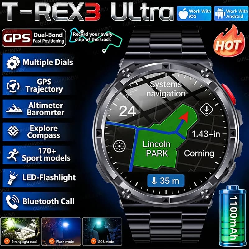 ساعة ذكية جديدة T-Rex3 Pro ببطارية 1100mAh، نظام تحديد المواقع GPS، مقاومة للماء حتى 5ATM، تتبع الرياضة والجري، بوصلة خارجية، ساعة عسكرية ذكية