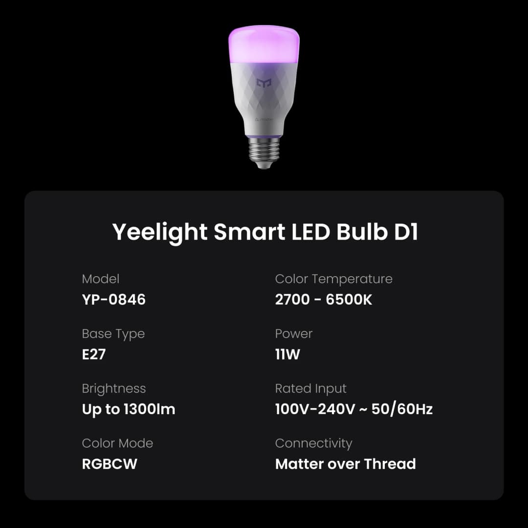 لمبة Yeelight الذكية LED D1 E27، 1300 لومن، قابلة للتحكم في السطوع، Wi-Fi، 2700-6500K، إصدار عالمي، تحكم صوتي، متوافقة مع Mijia/Google Home - 6
