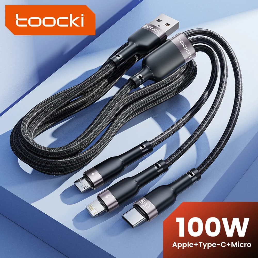 كابل Toocki 3 في 1، USB 6A 100 واط، مايكرو USB Type C لآيفون 14 و13 و12 وهواوي وأونور وشاومي 13 وفيفو وأوبو، سلك بيانات