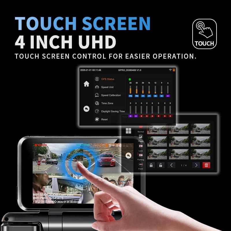 كاميرا سيارة XUOIB I9pro-WB 4CH بدقة 360 درجة وشاشة لمس 4 بوصة بدقة 4K/2K مع تسجيل 24 ساعة وواي فاي وجي بي اس ورؤية ليلية - 4